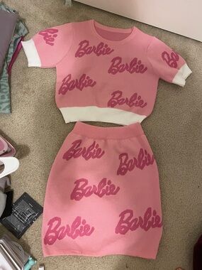 Pink Logo Knit Two-Piece Skirt Set